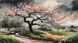 early spring, a Central European garden before imminent storm, strong wind, a peach tree blossom (petals blown in the wind:1.6), intricate detailed acrylic and watercolor and ink, (tint leaks:1.6), dark grey and green and peach blossom colors, harsh contrasts, (wind dynamics:1.6), petals swoosh