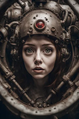 Closeup Girl with big eyes, fullbody, dieselpunk, valves rising from the ground, the perspective looking up from the bottom of an empty well , Underwater 8k, macro photography by <John Kenn Mortensen>, darkred tones,