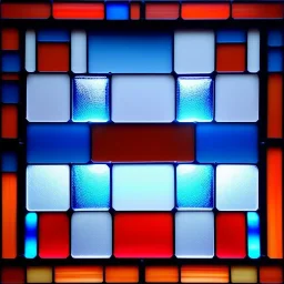 Hyper realistic piet mondrian, squares, stained glass window with lead caming, 4k, sunny day outside, reedglass, ambient glow