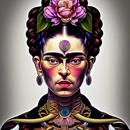 A beautiful portrait of Frida Kahlo, alphonse mucha, grain on the skin, tribal tatoos, high key lighting, volumetric light high details, full length clean art NFT, soft lighting, soft pastel gradients, high definition, blender 3d cinematic, op art, visionary art, sacred geometry, fractal, white balanced, lot's of grain on her skin, lot's of details in the background