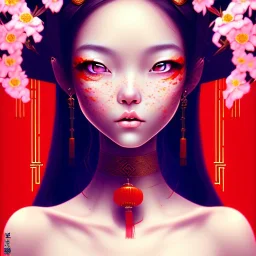 comic style, portrait of a Chinese woman, cute, fantasy, with flowers in her hair, big eyes, cute red nose, freckles