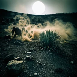 A striking quality Kodak photograph captures a wasteland with monsters and group of plants, creepy, details of the dust very accentuated, Amano, Ernst Haekel, glossy organic mass, adorned with minerals and rocks. Bathed in intense light, eerie, Max Ernst style, black sun, fog