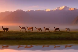 alpacas, peru, mountains, reflection, mist, sunrise