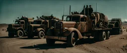 Trucker liberation army in guirrella war, Alberta Desert, cinematic, Fuji Film, Anamorphic lens, 2040s, deep depth of field, in a Cyber punk WW3 film, Fallout 4 inspired