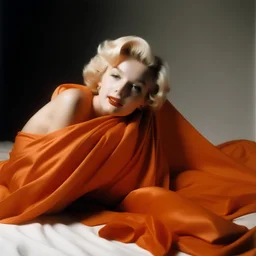 A photograph of marilyn monroe inthe style of milton greene, orange silk sheet, white background