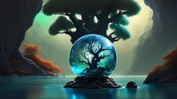 "Glass Crystal Orb enclosing a Cybercore Tree, black blue green nuummite white coral underwater, lake reflecting an aurora intricate detail, colorful, wonderful, glowing cute orbs flying around, World of Warcraft scenery, magnificent quality""
