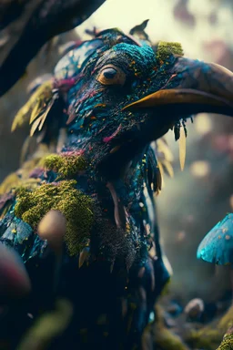 birdman portrait in fungus garden, hi detail, 4k, clear focus, depth of field, color correction, studio quality, backlight