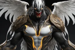 grendel in 8k concept artstyle, venom them, neon effect, big white wings, feathers, full body, apocalypse, intricate details, highly detailed, high details, detailed portrait, masterpiece,ultra detailed, ultra quality