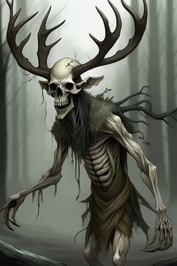 wendigo with a deer skull covering head and face with a snout and emaciated full body image