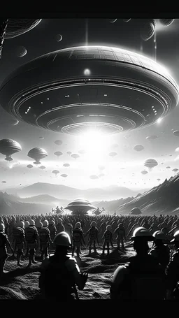 A land filled with a lot of aliens in a bright light at the end of the picture a huge spacecraft object hovering above , cinematic, 8k, in black and white, fine line draw