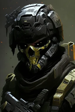 A soldier in the game Titan Fall 2 , he wears a BLACK skull helmet that covers his face, he is a rifleman, and his callsign is Titan. His colors are black and dark olive