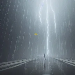 A princess standing. Epic scale. Heavy cold rain. Thunderstorm. An engineer looking up. Futuristic scenary. Gray mist.