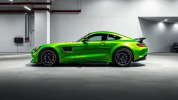 Mercedes-Benz AMG GT63s, green color, parked in a luxury garage and the car is facing left.