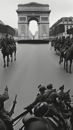 "Generate an image of the occupation of France by the Germans in World War II, depicting the German army marching under the Arc de Triomphe in Paris. The image should show an officer riding a horse at the head of the procession, followed by a military band and columns of soldiers in fives. The Arc de Triomphe should be visible in the background, with the Champs-Élysées stretching out in front of it. The overall color palette should be muted and somber, with a focus on grays, browns, and greens.