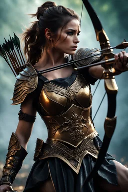 female warrior aiming a bow and arrow wearing bronze half armour dark fantasy Realistic 4k