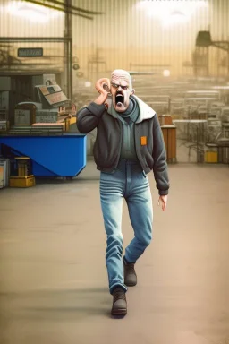 an angry man in factory Simon Stålenhag cartoon style