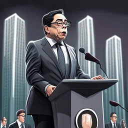 Caricatura de Gustavo Petro traje gris hablando en la conferencia Un Nuevo Pacto Financiero Mundial detallado colores contrastantes 4k