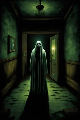 A hauntingly dark creepy vintage picture of a malevolent ghost in a liminal spaced room, holographic and vividly disturbing, truly scary art, nightmarefuel, internet horror story, alluring and equally frightening, paranormal activity, occult art, gothic ybackground, unsettling, artwork by Scott Adams, Gerald Brom and Enki Bilal, cinematic composition by Dan Laustsen and Christopher Gans, octane render, cgsociety, behance contest winner, 8k