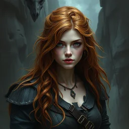 a beautiful fantasy woman, young, ginger hair, rugged, dark fantasy art