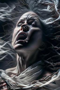 A beautiful woman is gasping for air as she is cought up in Multiple entanglements between a twisted thin piece of cloth as part of many twisted and spiraling branches disappearing into the distant mist, epic photo, sharp on highly detailed skin with wrinkles and high contrast, photorealistic, 4K, 3D, realism, hyperrealism, detail, good lighting, detailed texture, modern photography style, 3D, 4D, 4K