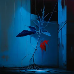 Minimal abstract oil painting of a neon large red leaf plant in concrete warehouse brutalist architecture and hanging wires illuminated at night. With triadic blue colours. In the style of Justin Mortimer and Phil Hale, Ashley Wood