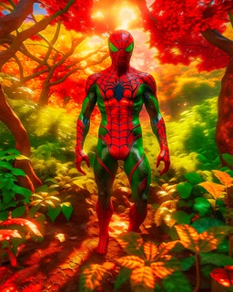 Beneath the canopy of an enchanting forest, Spider-Man stands in a moment frozen in ultra-realistic cinematic splendor. Sunlight cascades through leaves, casting intricate patterns of light and shadow upon the rich tapestry of foliage. The forest hums with a symphony of rustling leaves and distant bird calls, its ambiance rendered with meticulous detail. Spider-Man's suit exudes texture and depth, every fiber and contour accentuated, while his stance exudes a palpable sense of readiness.