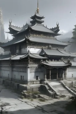 A gray monastery made out if steel painted by Zhang Lu