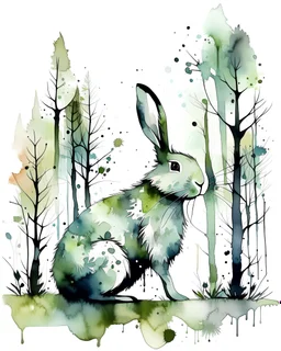 Watercolour effect, rabbit, forest abstract,roschCh ink blot test, white background, muted colour's.no black outline, no black colour only white more watercolour blobs