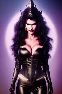 painting of lisa ann as evil queen in black leather pants, , leather, angry, stern look, volumetric lighting, particales,highly detailed,cinematic, deep colours,8, highly detailed, digital painting, artstation, concept art, smooth, sharp focus,