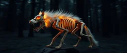 radiant wooden werewolf fox hippo Skeleton with fluffy fur, motion blur background dark forest