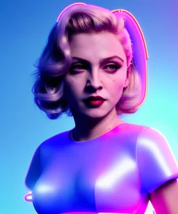 Artist, young madonna, android woman, sweet, blonde, white skin, long eyeliner, gloss lips, contour make-up, color leds lights, cables, short hair, circuits, cyberpunk, latex coat, cyber punk, neon, portrait, studio photo, unreal engine 5, soft color, 16 bit, god lights, ray tracing, RTX, lumen lighting, ultra deatail, volumetric lighting, 3d, finely drawn, hd.