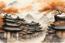 Tang Dynasty, streets of ancient Chinese city, Art Nouveau houses, trees, clouds, autumn, watercolor, calligraphic lines, pen drawings, black ink, intricate details, color,