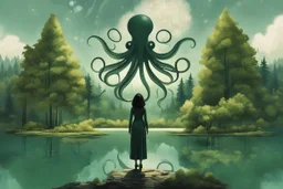 A skinny woman with a black bob hairstyle, in a green and silver suit, standing, looking out over a lake, in an alien forest, with tall narrow cloud trees, with flying dandelion heads with octopus tentacles