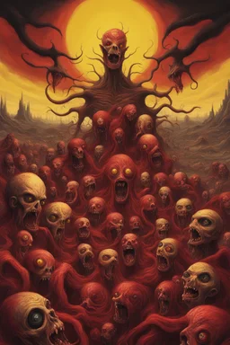 a legion of scary demons made of flesh and monsters, sci - fi, fantasia, arte abstrata, surrealismo, horror, Panorama of a landscape of body horror made of red flesh of blood and faces of monsters with eyes and teeth and bones with a yellow and black sky with a huge yellow eye in the distance, Lovecraftian, arte tradicional, 4 k, HD, Arte conceitual, Arte digital, trending in the artstation,((top-quality)), ((masterpiece)), ((ultra-detailliert)),(8k wallpaper:1.2),(Ultra-high resolution:1.2),(m