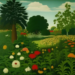 A green field filled with giant flowers painted by Henri Rousseau