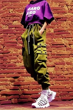 year 1999 women fashion, Techno, rave, Loose, baggy, low waist Combat pants, t-shirt, new kind of hoodie with tippet! Colors: all denim colors, purple, khaki, light green, lilac, plum, orange, terracotta, red, pink, dark blue, beige. Patterns: lynx, balls, stripes. lynx belt. Something between camouflage and owl prints. Women models. Sharon Stone, Sandra Bullock, Winona Ryder, Milla Jovovich, Big tennis shoes on. Latex, denim and leather e.g. in Leg warmers.