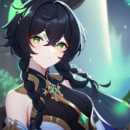 portrait of Venti from genshin ((Venti)) ((Venti ingame outfit)) short black hair with a green tint at the bottom fluffy hair with two braid infront of shoulders bard green eyes