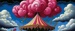 A magenta circus in the cloudy sky designed in Mehndi design painted by Grant Wood