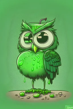 green apple has a hangover from a night of heavy drinking, comic style, with an owl instead of apple