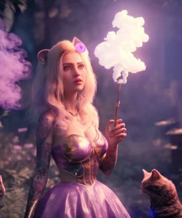 Ultra realistic wonderland photo, happy blonde woman smoking a shisha, blue dress, big purple-cat friend, circus dress style, old school tattoo, smoke, marijuana garden, glow eyes, perfect iris, soft color, highly detailed, unreal engine 5, cinematic, ultra detail, volumetric lighting, high definition.