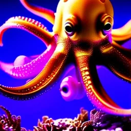 purple beautiful octopus swiming inside a golden small aquarium surrounded by tiny microphones: surreal