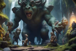 book cover oil painting of archeologists discovering woodland creatures in Rivendell worshipping big fat alien troll statues with many head and idols like from a myth or legend, on a strange planet with weird colors and waterfalls, bokeh like f/0.8, tilt-shift lens 8k, high detail, smooth render, down-light, unreal engine, prize winning