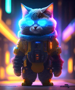 high quality video game sci - fi anggry fluffy! cat!! cyborg soldier with futuristic mechanical parts, cyberpunk monocle!, highly detailed, unreal engine cinematic smooth, in the style of detective pikachu, hannah yata charlie immer, dark blue neon light, low angle, uhd 8 k, sharp focus