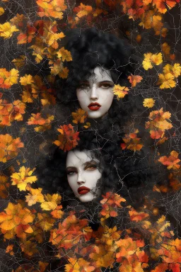 abstract creation of a beautiful girl with black curly hair, surrounded by black roses, thick metal chain broken, glass petals on the ground, autumn colours,dried out thorn bush, chaos,