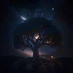 ((high quality realistic)), (photorealistic:1.4, realistic), highly detailed CG unified 8K,fantasy,Circle,The night the sky was full of stars,dark tone ,tree ,