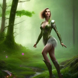 upper body of yohan diniz pointing fingers, fast walker, as a young cute feminine woman, short hair, green forest background, stream, mega flowers, dusk, 100 fireflies