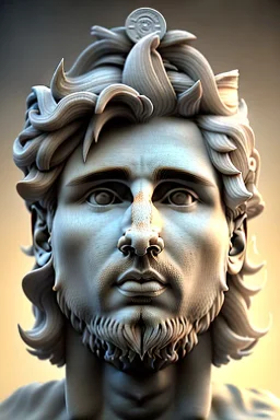 Ultra Realistic image, Roman sculpture, white marble material, Lionel Messi, sun radial crown, chisel style, waist up portrait, epic, celestial, cinematic lighting, God light, god rays, 4k resolution, smooth details, ornate details, soft lighting, unreal engine 5, marble background.