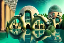 a fantastic underwater city with cactus houses, arches and domes by artists "Leonora Carrington" and "Piranesi"