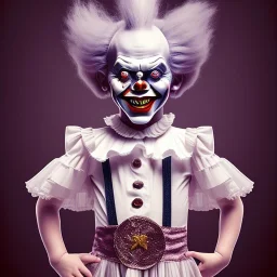 Full body portrait scary clown, dynamic pose,a little girl with him, an old mirror , detailed, realistic, cinematic, dramatic light 8k