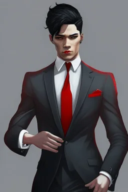 Realistic, red eyes, light skin, short black hair, red earring, suit and tie clothing, gloves on hand